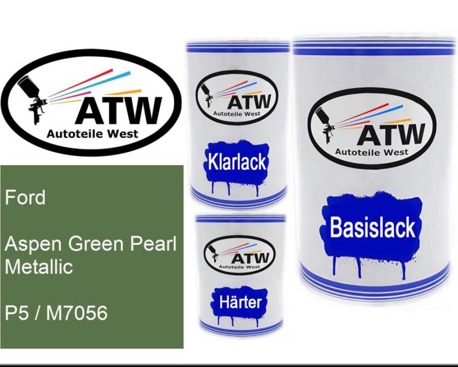 Ford, Aspen Green Pearl Metallic, P5 / M7056: 500ml Lackdose + 500ml Klarlack + 250ml Härter - Set, von ATW Autoteile West.